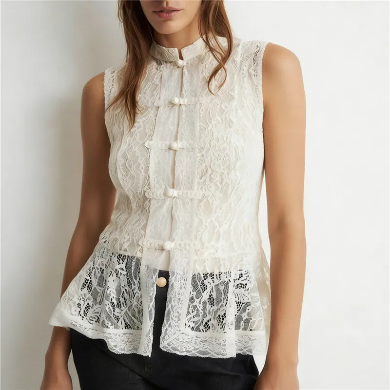 Sexy Semi Sheer Lace Sleeveless Top with Mandarin Collar and Frog Buttons Peplum Hem for Y2K Going Out Streetwear