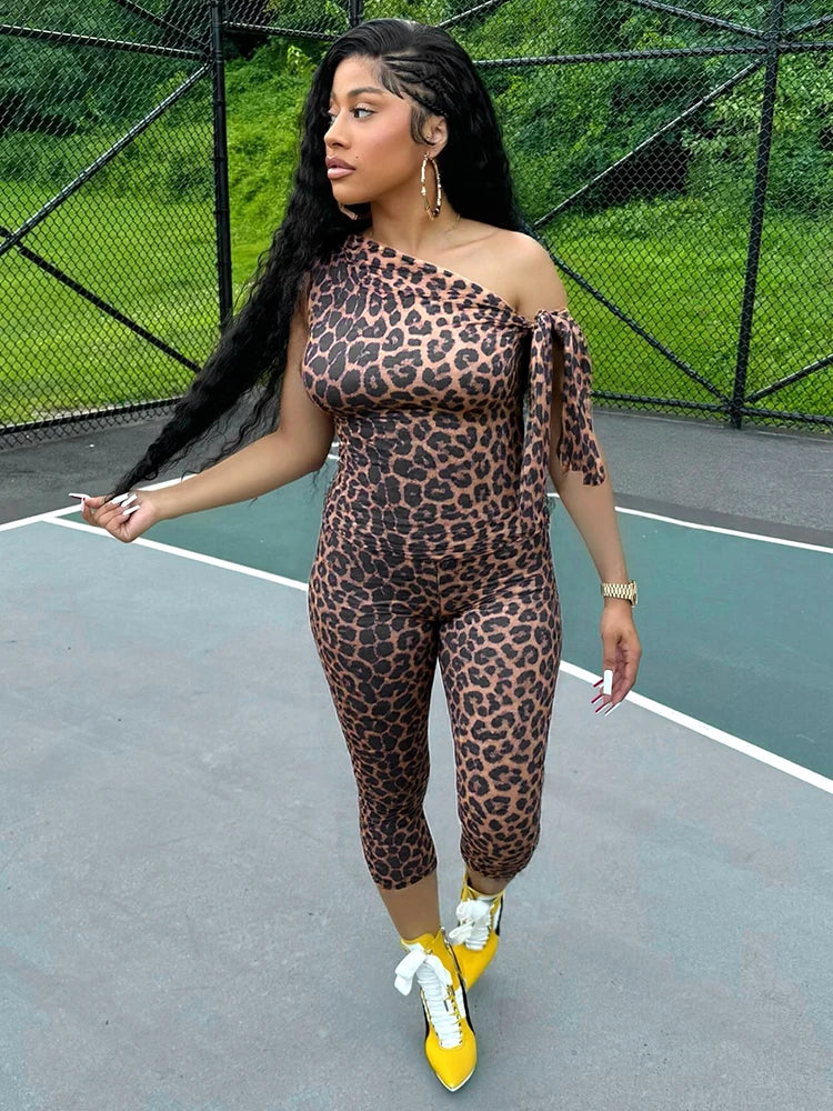 Leopard Print 2-Piece Set Women Irregular Skew Collar Lace-Up Tank Top+Bike Shorts Stretch Skinny Stretch Outfits