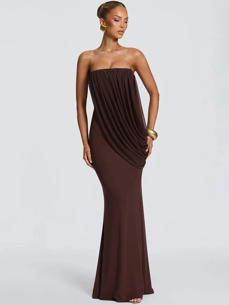 Strapless Draped Sexy Maxi Dress Elegant Bodycon Long Evening Party Dress Sleeveless Pleated Formal Wedding Guest Dress