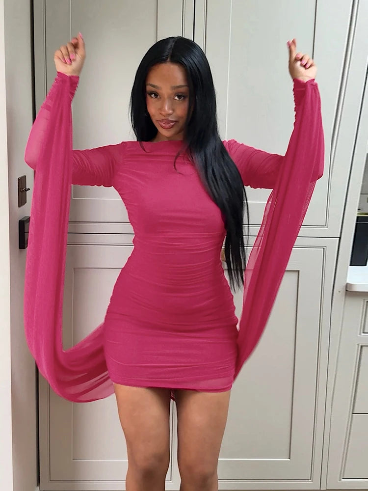Backless Dress Women Ribbon Folds Patchwork Skinny Full Sleeve Solid Classic Sexy Autumn Fashion Party Mini Bodycon