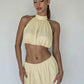 Ruched 2-Piece Set Women Halter Backless Elegant Tank Tops+Waist Skirts Solid Sexy Summer Beach Party Matching Suits
