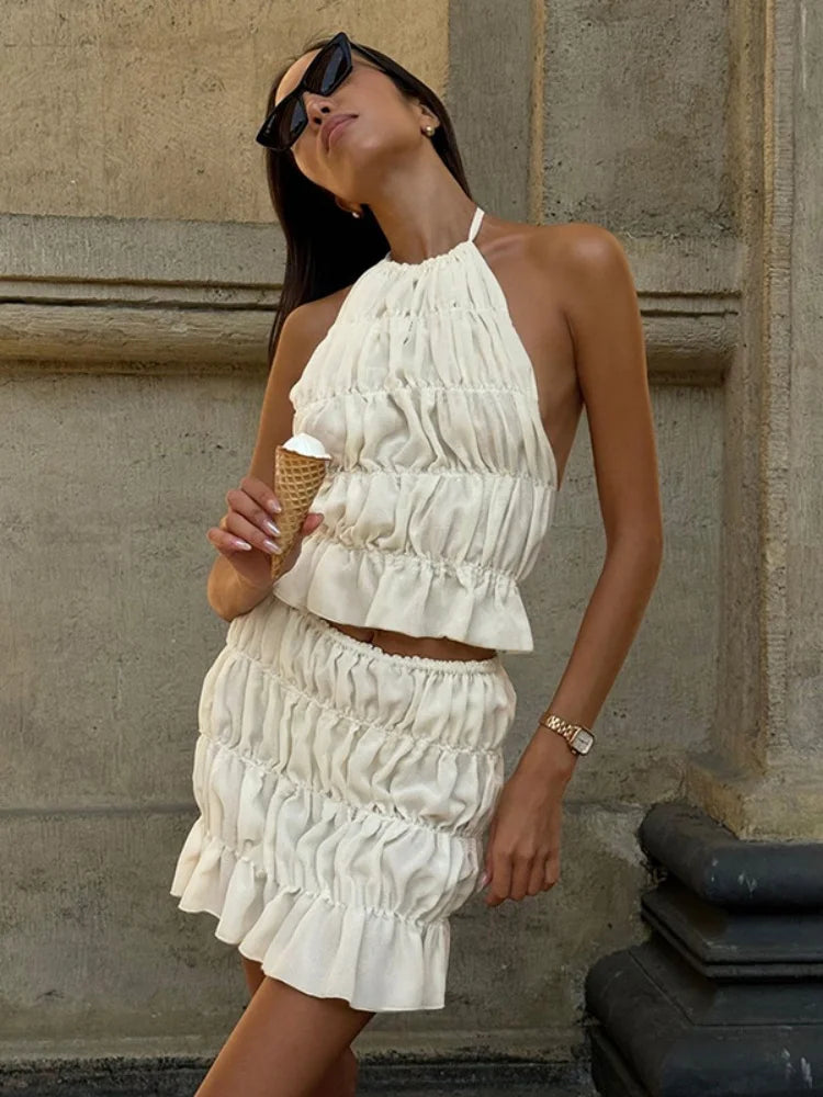 Cute 2 Piece Sets Woman Summer Outfits Chiffon Sheer Smocked Mini Skirt and Backless Halter Top