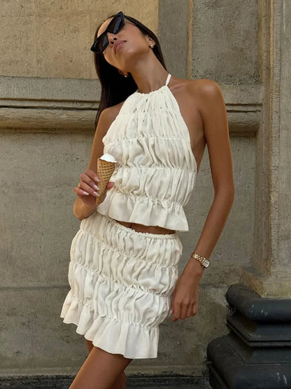 Cute 2 Piece Sets Woman Summer Outfits Chiffon Sheer Smocked Mini Skirt and Backless Halter Top