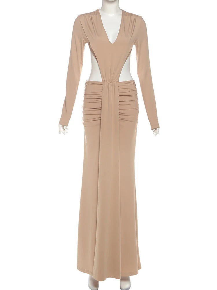 Sexy Backless Split Dress Women Waistless V-Neck Full Sleeve Elegant Skinny Peach Buttocks Stretch Prom Party Bodycon