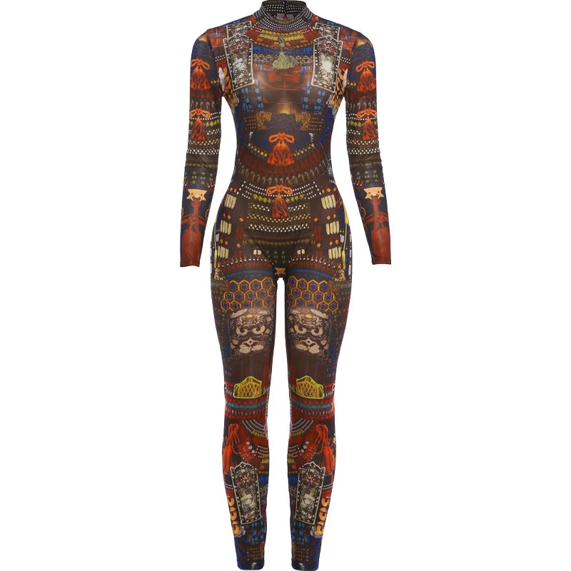 See Through Jumpsuit Women Sexy Hottie o-Neck Zip Club Vacation Midnight Stretch Full Sleeve Skinny Stretch Overall