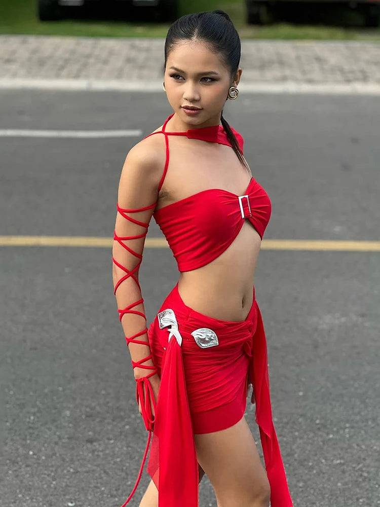 Sexy Irregular Bandage 3-Piece Set Women Chest Wrapped+Chic Sleeve+Lace-Up Skirt Matching Hottie Christmas Outfits