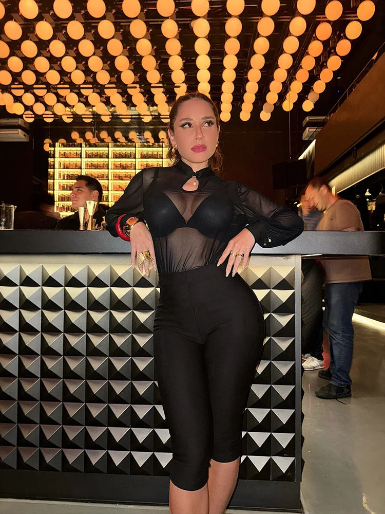 Sexy 2-Piece Set Women Stand Collar Patchwork See Through Hollow Frog Button Top+Elastic Waist Short Midnight Suits