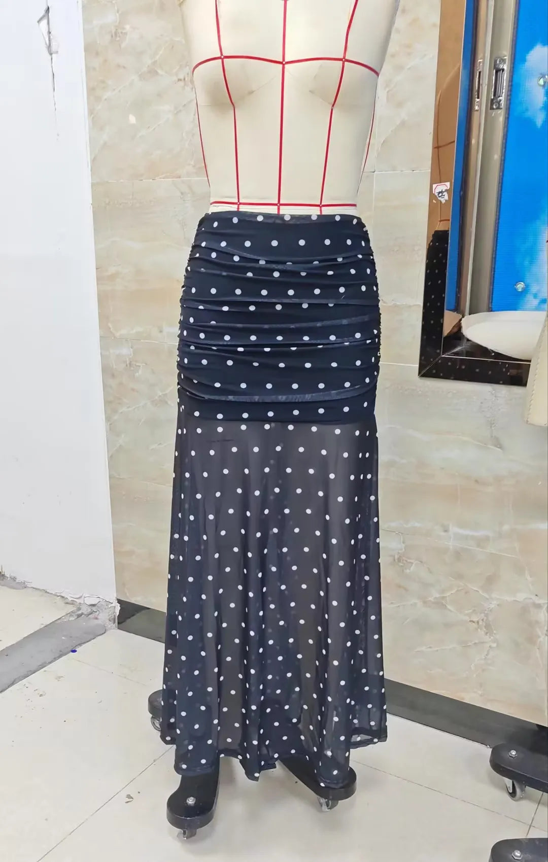Women Polka Dot Mesh Maxi Skirt High Waist Side Ruched Double Layer See Through Mermaid Bodycon Long Skirt Night Club