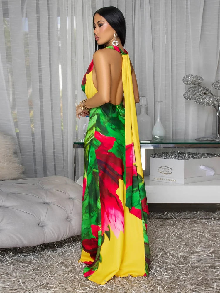 Colorful Print Dress Women Y2K Swing Collar Sleeveless Elegant Backless Trend Banquet Hipster Vacation Party Vestidos