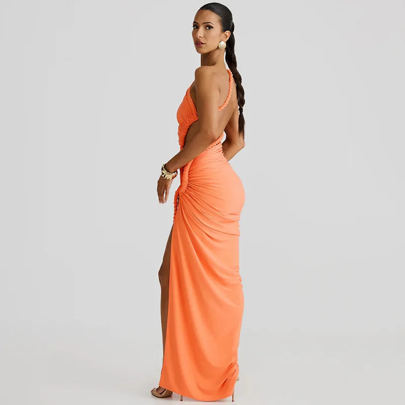Asymmetrical Ruched Backless High Split Long Dresses Woman Summer Dress Elegant Sexy Vacation Outfits