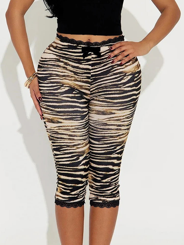 Lace Edge Patchwork Crop Pants Women Leopard Print Skinny Peach Hip Hot Girls Street Hipster Sexy Wild Trend Bottoms