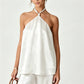 Halter Neck Satin Top for Women with Knot Front and Open Back Design Sleeveless Solid Color Elegant Party Summer Blouse