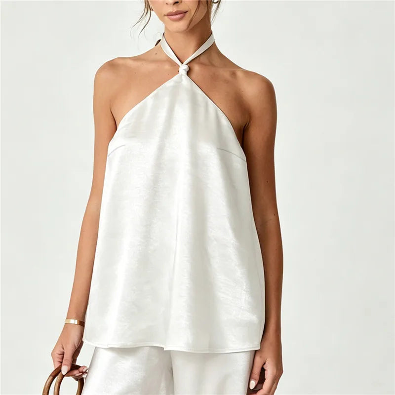 Halter Neck Satin Top for Women with Knot Front and Open Back Design Sleeveless Solid Color Elegant Party Summer Blouse