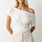 Y2K Women Asymmetric Diagonal Off Shoulder Knit Top Striped Solid Short Sleeve Slim Cropped Casual Crop Blouse