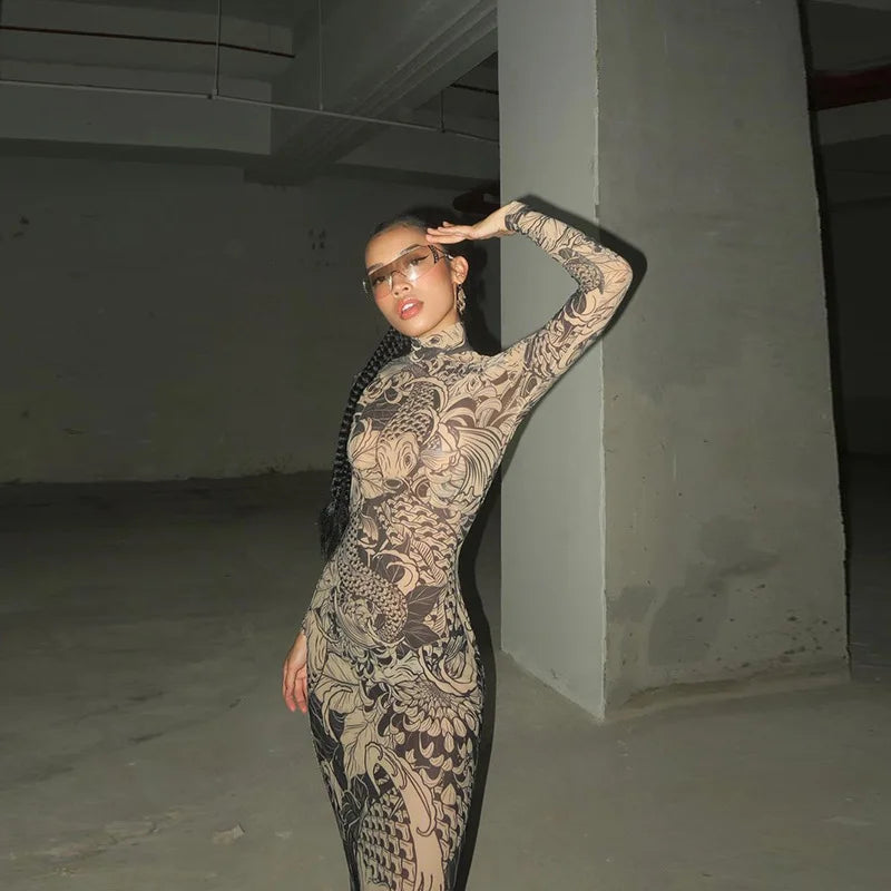 Vintage Printed Mesh Dress See Through Long Sleeve Maxi Dresses for Women Streetwear Y2k Clothing 2024