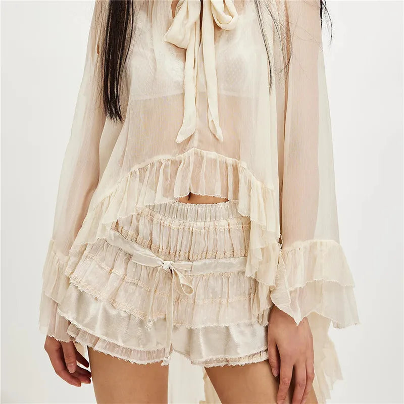 Womens Layered Frilly Ruffle Micro Lolita Bloomers Y2k Low Rise Satin Shorts Lace Fluffy Boxer Mini Boyshorts Panties