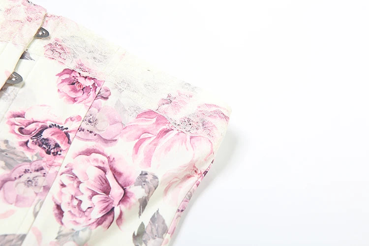 Flower Print 2-Piece Set Women Y2K Single-Breasted Metal Buckle Wrap Top+Lace Folds Hem Skirt Sweet Matching Suits