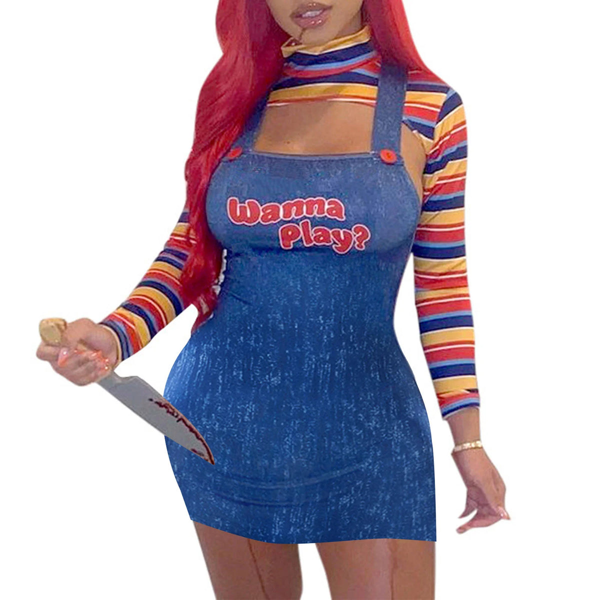 Women 2 Pcs Scary Killer Doll Costume Set Sling Jumpsuit Horror Party Cosplay