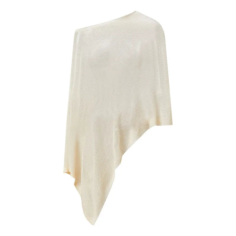 Fashion Women's Sheer Ponchos Off Shoulder Solid Color Asymmetrical Shaw Wrap T-Shirts Oversized Knit Tops