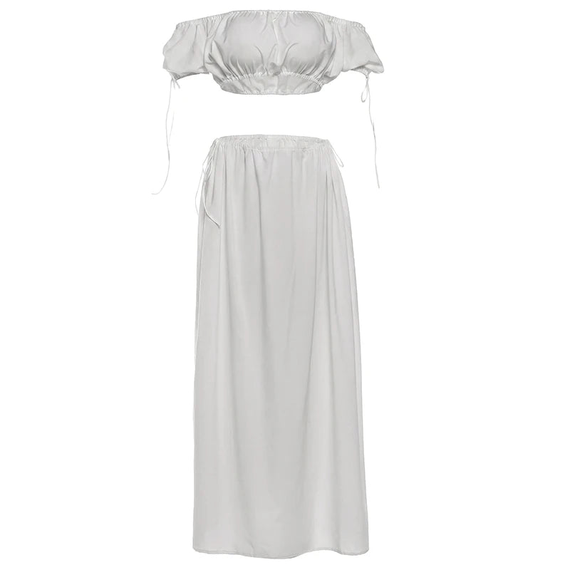 Bandage Elegant 2-Piece Set Women Slash Neck Puff Sleeve t-Shirt+Elastic Waist Long Simple Skirt Vacation Sweet Suit