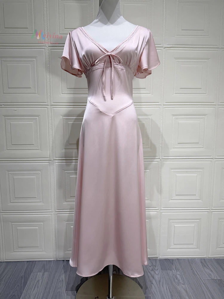 Women Satin Sexy Midi Dress Deep V Neck Lace Trim Ruffle Short Sleeve A Line Dress Wedding Guest Evening Party Dress