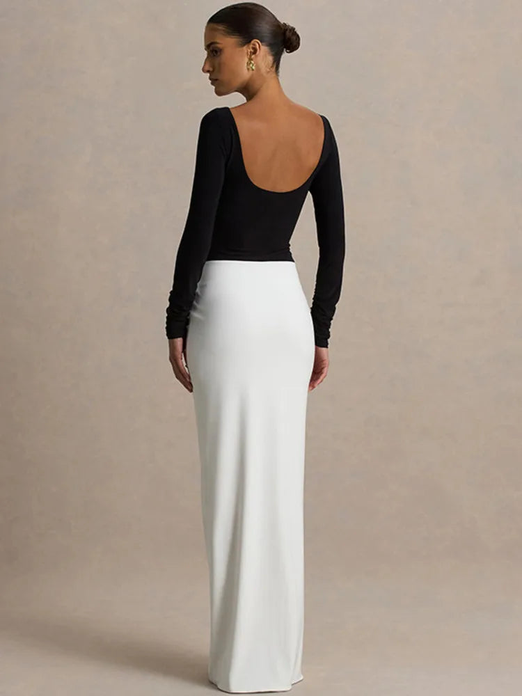 Long Sleeve Backless Sexy Maxi Dress Women Gown Fashion Patchwork High Waist Draped Ruched Club Party Long Dresses