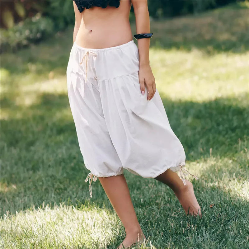 Women Loose Boho Capri Harem Pants Elastic Waistband Drawstring Pleated Adjustable Hem Tie Casual Summer Beach Culottes