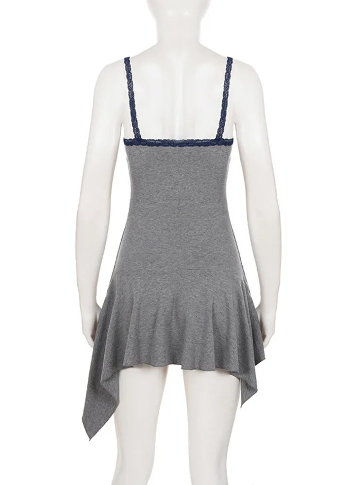 Women Gray Lace Trim Cami Sexy Mini Dress Women Elegant Spaghetti Strap Sleeveless Backless Asymmetric Hem Club Dresses