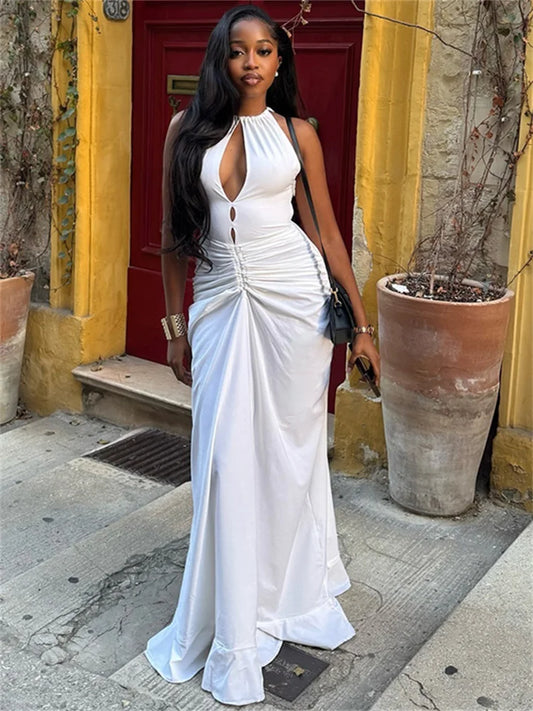 Sexy Hollow Dress Women Lace-Up Halter Sleeveless Ruched Elegant Robe Hottie Skinny Stretch Streetwear Long Bodycon