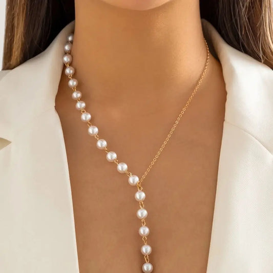 Elegant Asymmetric Imitation Pearl Chest Chain Necklace Women Wed Bridal Kpop Bead Long Choker Accessories Jewelry New