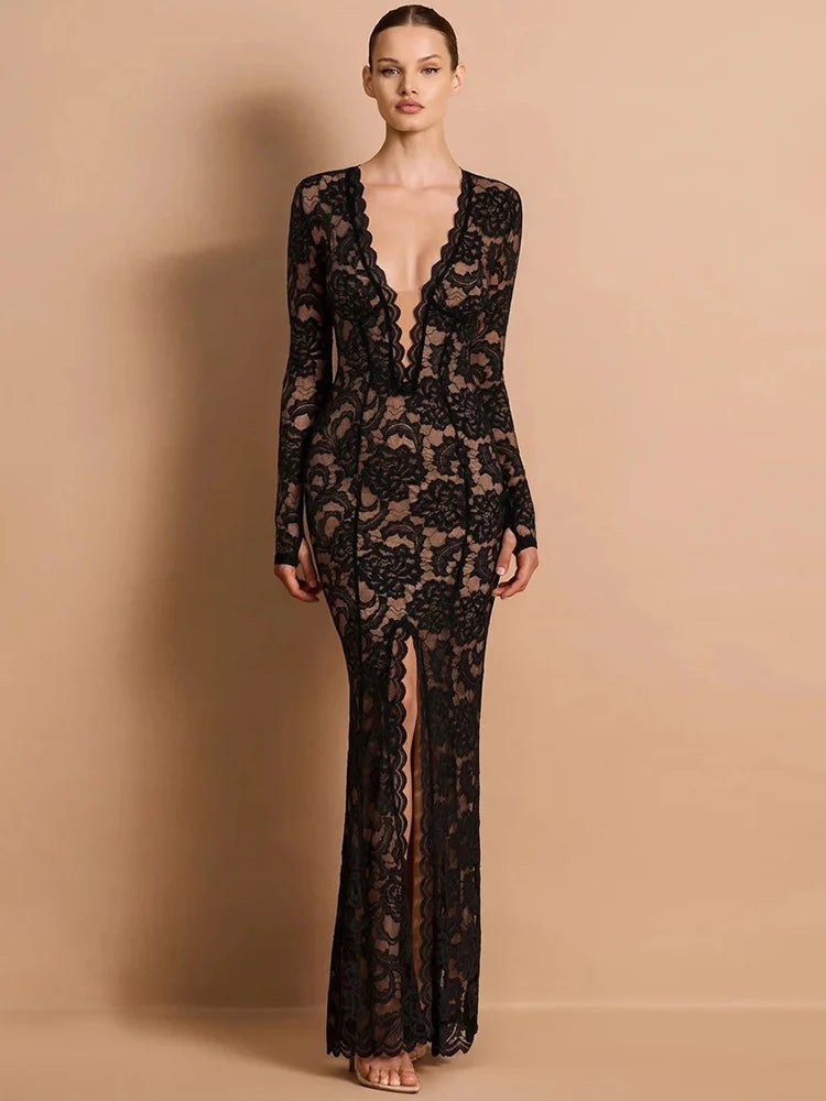 Lace Sheer Deep V Neck Sexy Maxi Mermaid Dress Women Elegant Long Sleeve Thigh High Split Bodycon Club Part Long Dress
