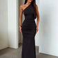 One Shoulder Backless Sexy Maxi Dress Women Elegant Sleeveless Ruched Waist Bodycon Evening Club Party Long Dress