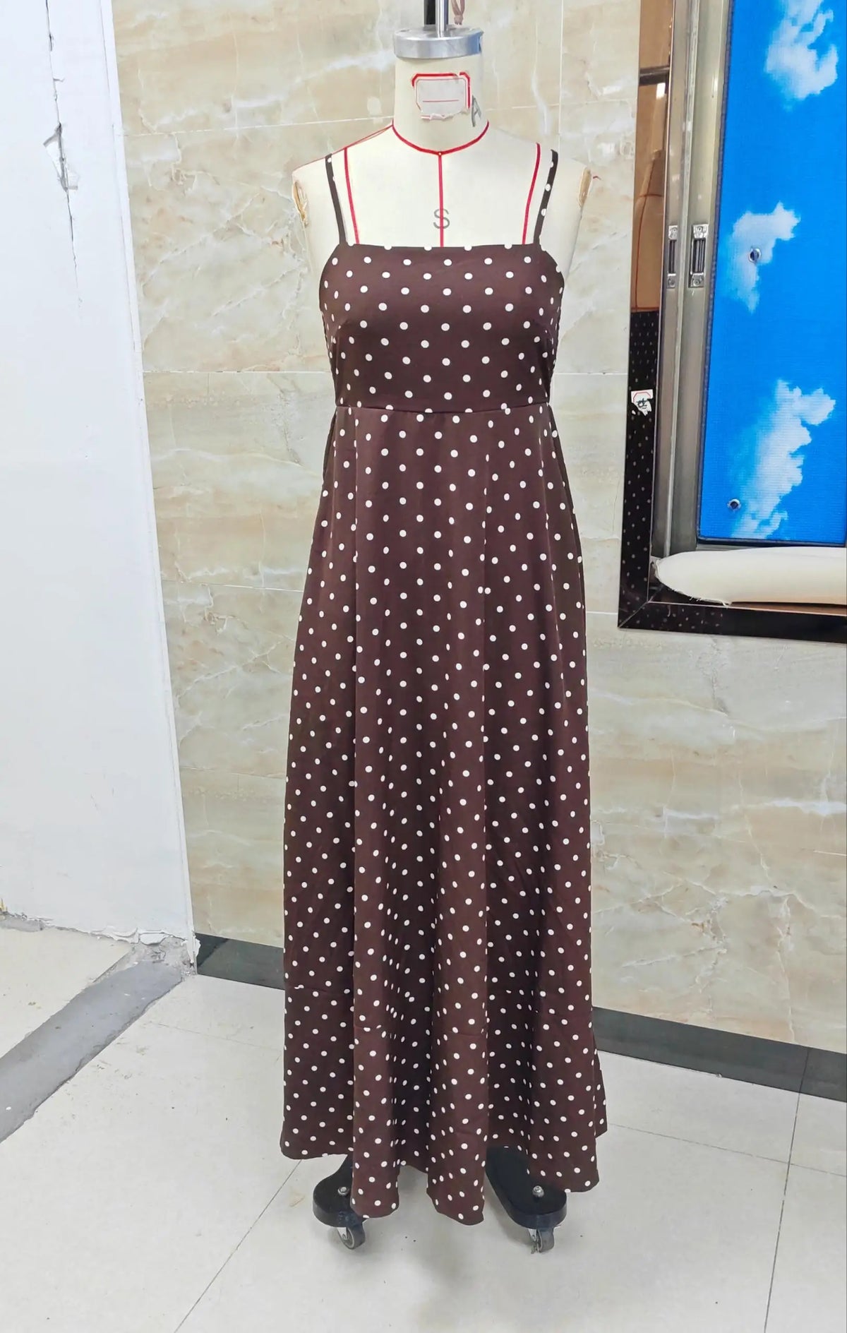 Women's Summer Slip Dress Polka Dot Print Sleeveless Spaghetti Strap Backless Long A Line Dress with Pockets Beachwear