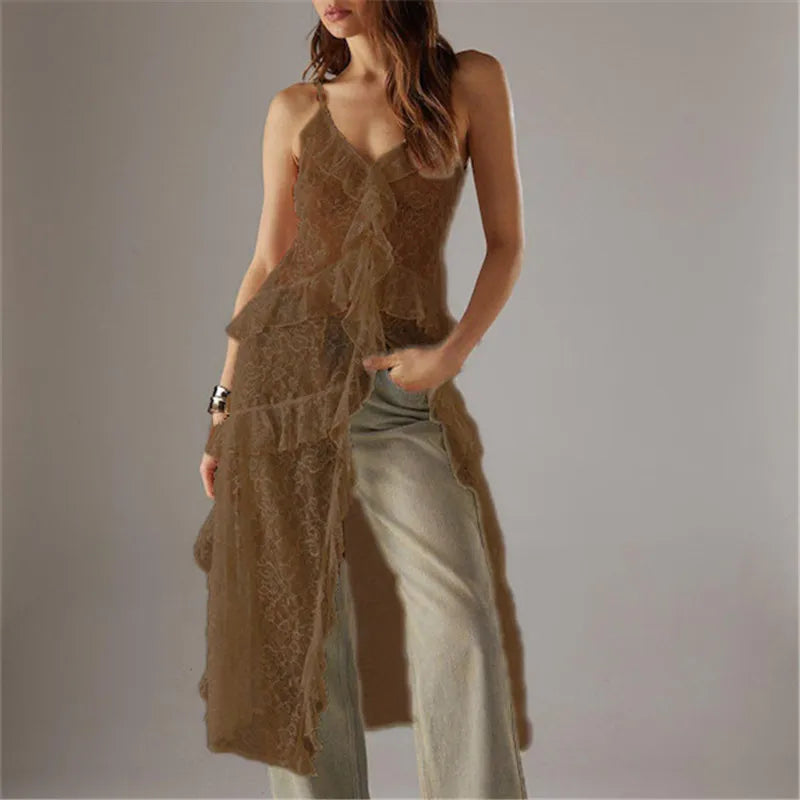 Women Split Front Sheer Flowy Long Cami Shirt Tank Top Sleeveless Spaghetti Strap Maxi Dress See Thru Beach Cover up