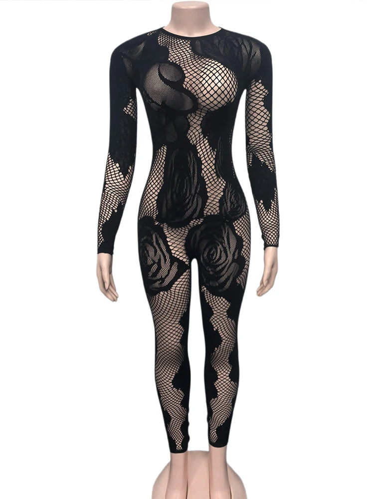 Sexy Coquette Jumpsuit Women See Through Full Sleeve Stretch Workout Midnight Party Activity Club Skinny Overalls