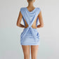 Sexy Cross Ruched Dress Women Deep V-Neck Sleeveless Backless Hollow Patchwork Peach Hip Stretch Slim Party Bodycon