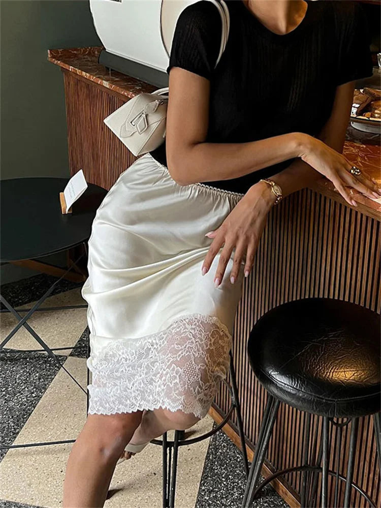 White Casual Lace Long Skirt For Women Slim High Waist Patchwork Elegant Commute Clothes Summer Female Maxi Skirt New