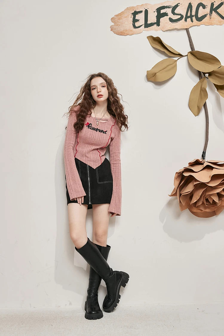 Women's Asymmetrical Ribbed Knit Top with Letter Embroidery, Flare Long Sleeve Pink Tee for Everyday Casual