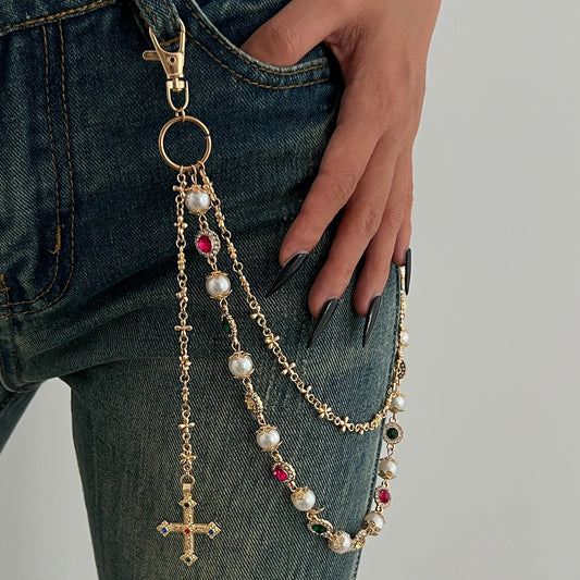 Exquisite Luxury Imitation Pearl Acrylic Rhinestone Pants Chain Women Punk HipHop Cross Pendant Jeans Chain Men Jewelry