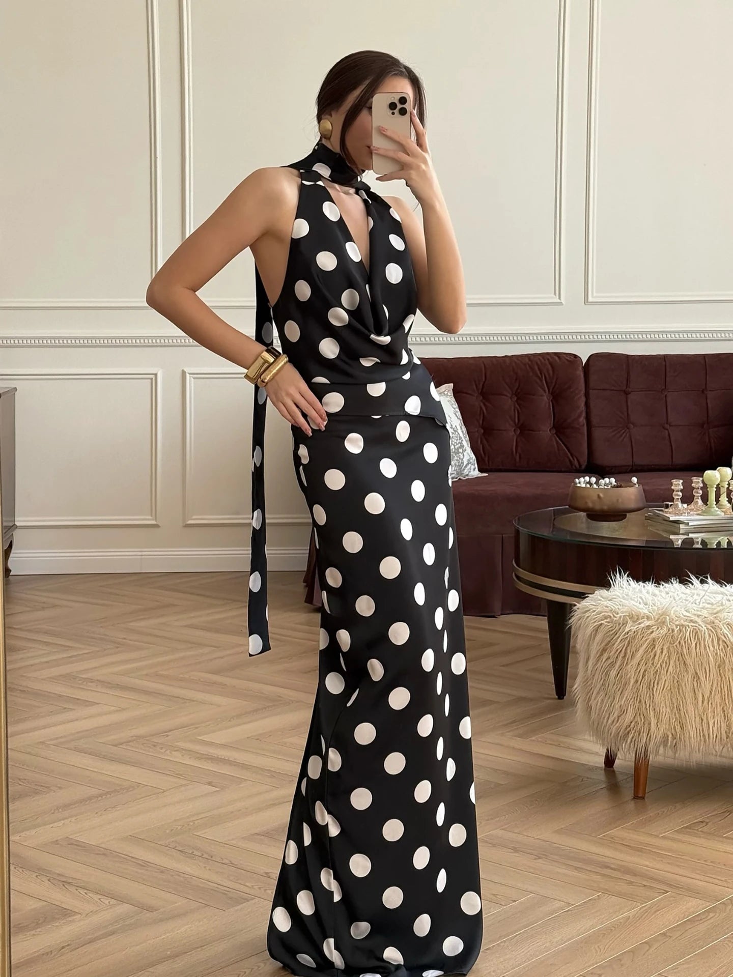 Elegant Polka Dot Print 2 Piece Set Women Sexy Halter Backless Swing Collar Bandages Tank Top+Skirt Chic Party Suits