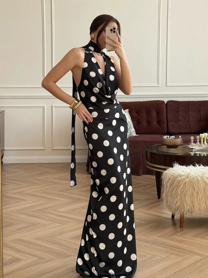Elegant Polka Dot Print 2 Piece Set Women Sexy Halter Backless Swing Collar Bandages Tank Top+Skirt Chic Party Suits