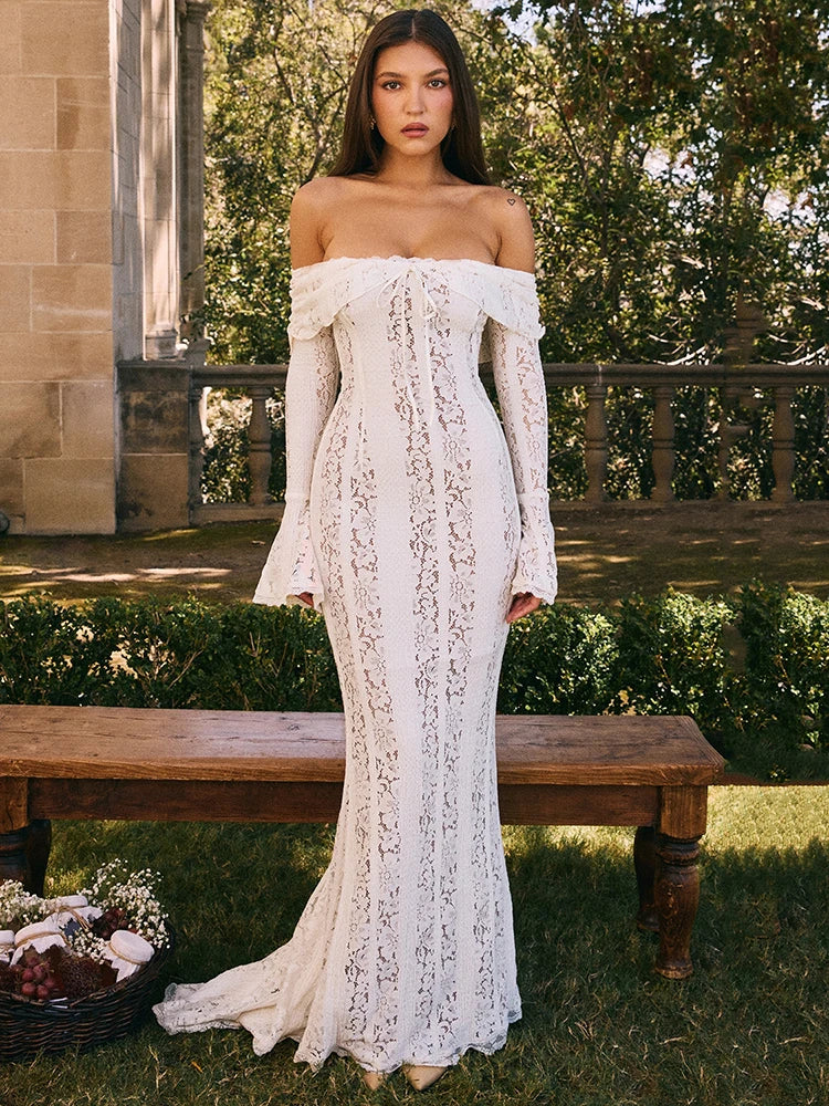 Lace Off-shoulder Sexy Maxi Dress Women Strapless Backless Long Sleeve Bodycon Evening Club Party Long Dress Elegant