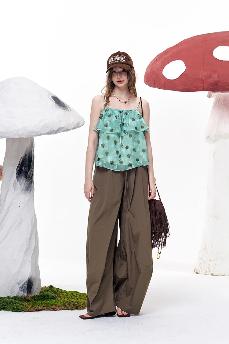 Polka Dot Ruffle Camisole, Beaded Drawstring Chiffon Cami Top, Mint Green Y2K Summer Sleeveless Blouse