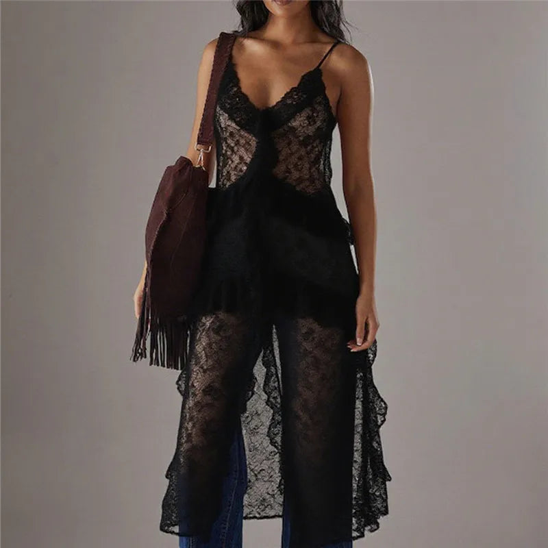 Women Split Front Sheer Flowy Long Cami Shirt Tank Top Sleeveless Spaghetti Strap Maxi Dress See Thru Beach Cover up