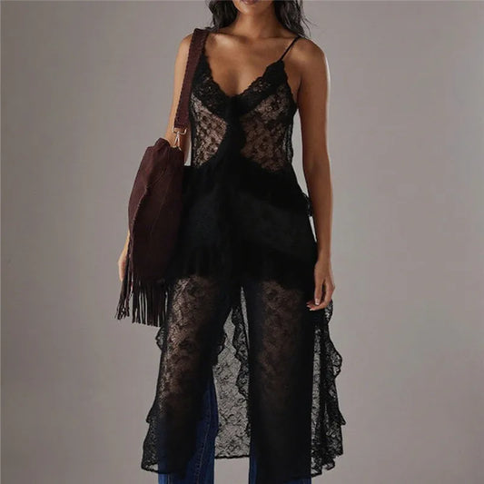 Women Split Front Sheer Flowy Long Cami Shirt Tank Top Sleeveless Spaghetti Strap Maxi Dress See Thru Beach Cover up