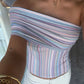 Women Multicolor Striped Off-Shoulder Slim Fit Crop Top Summer Wrap Style Neckline Bandeau Backless Shirts Streetwear