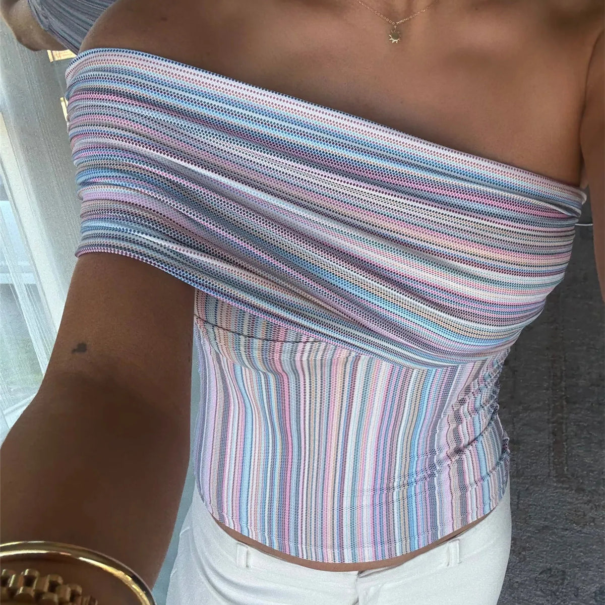 Women Multicolor Striped Off-Shoulder Slim Fit Crop Top Summer Wrap Style Neckline Bandeau Backless Shirts Streetwear