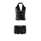 Fashion Rivet Decoration PU 2 Piece Set Woman Halter Open Collar Zipper Backless Tank Tops+Skinny Shorts Street Suits