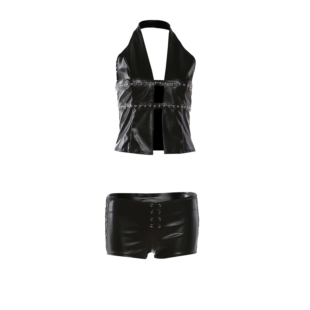 Fashion Rivet Decoration PU 2 Piece Set Woman Halter Open Collar Zipper Backless Tank Tops+Skinny Shorts Street Suits