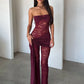 Lace Strapless Jumpsuits Women Ruched Sash Wrap Flare Pants See Through Mesh Bodycon Romper Night Club Party Jumpsuit